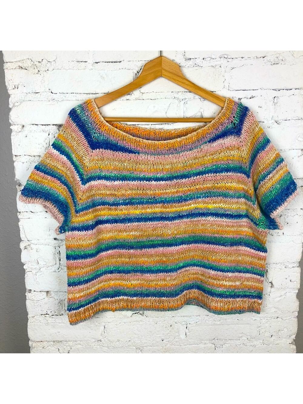 Hand Crafted Hand Knitted Multicolored Short Sleeve Sweater